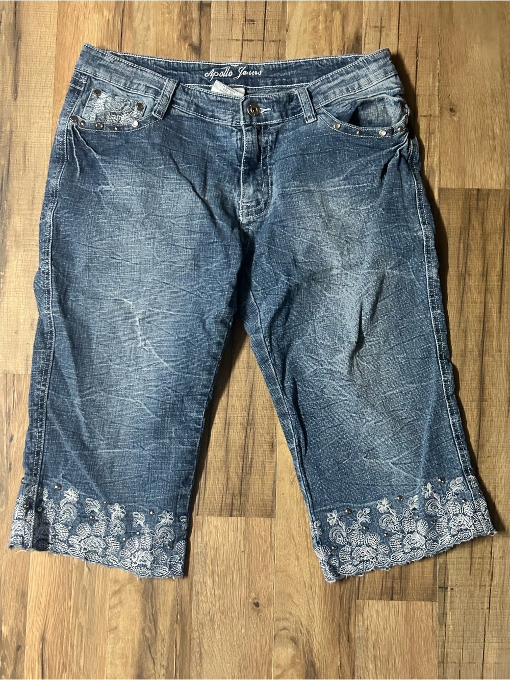Vintage Apollo Jeans Y2K Embroidered Rhinestone Denim Capri Pants Size 12P